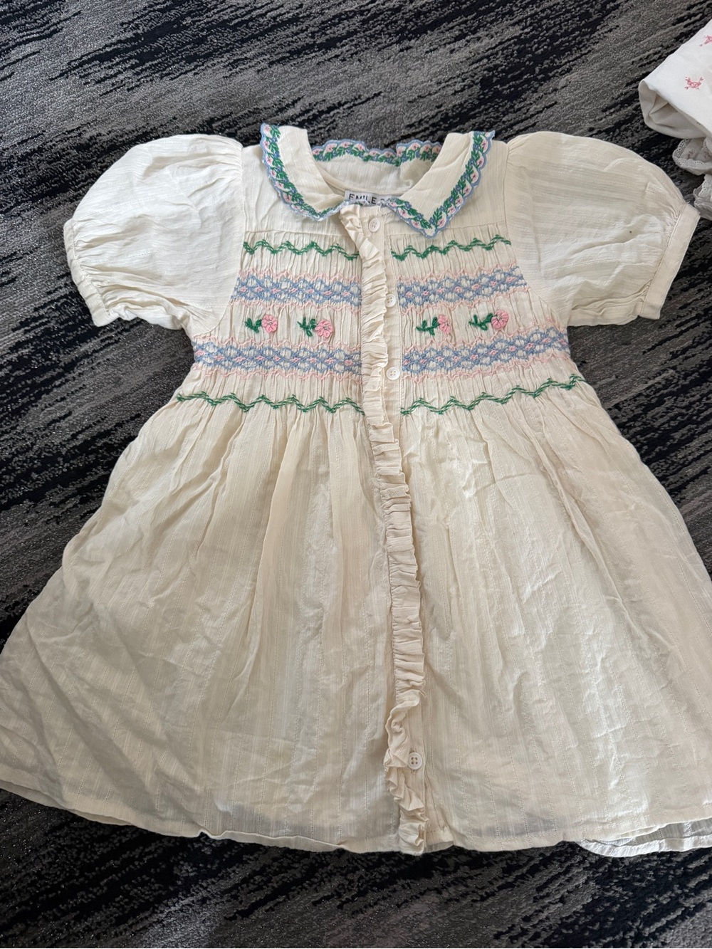 Emile et Ida Cream Dress with Pastel Smocking
